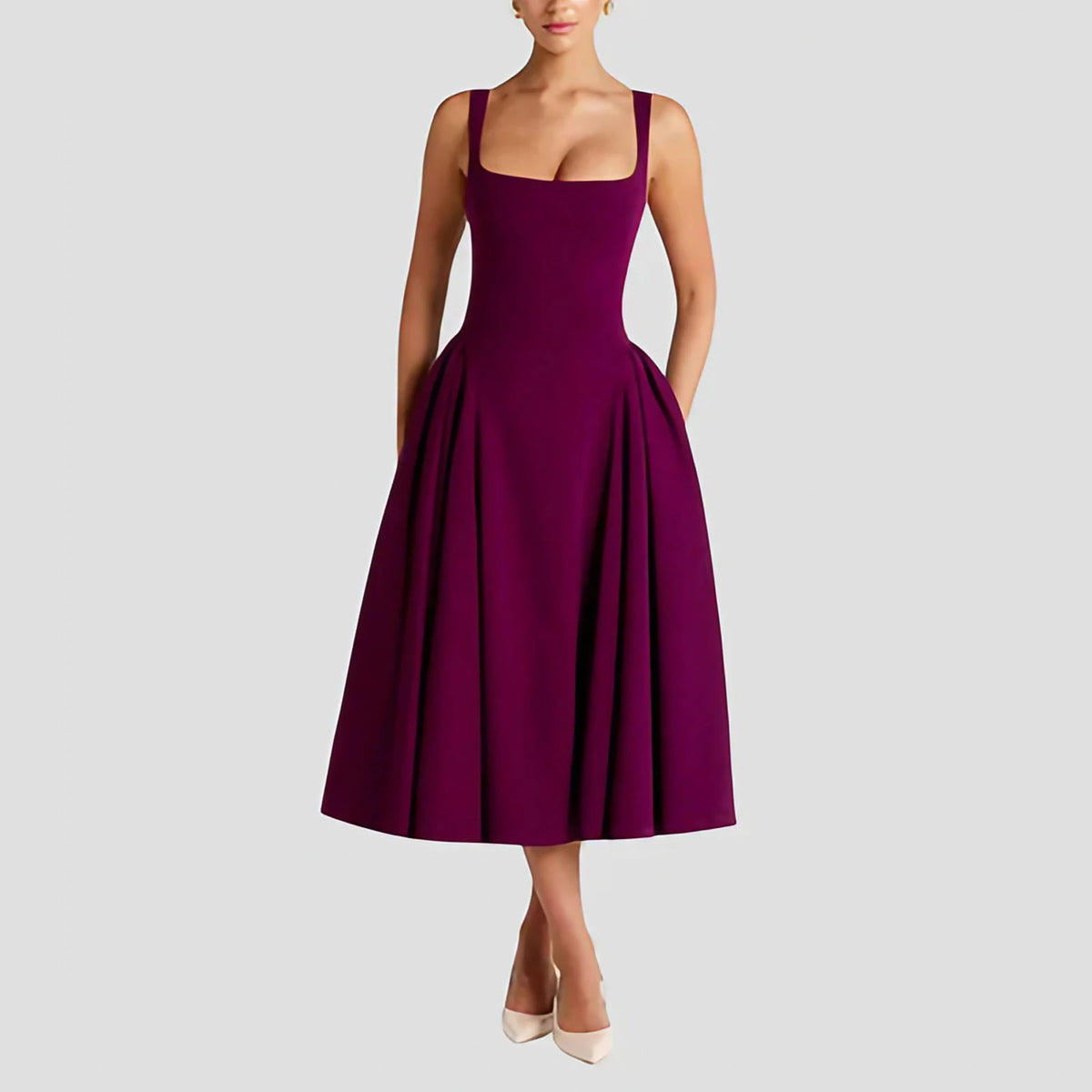 Robe midi femme décolleté carré, taille cintrée, jupe à plis, cerise