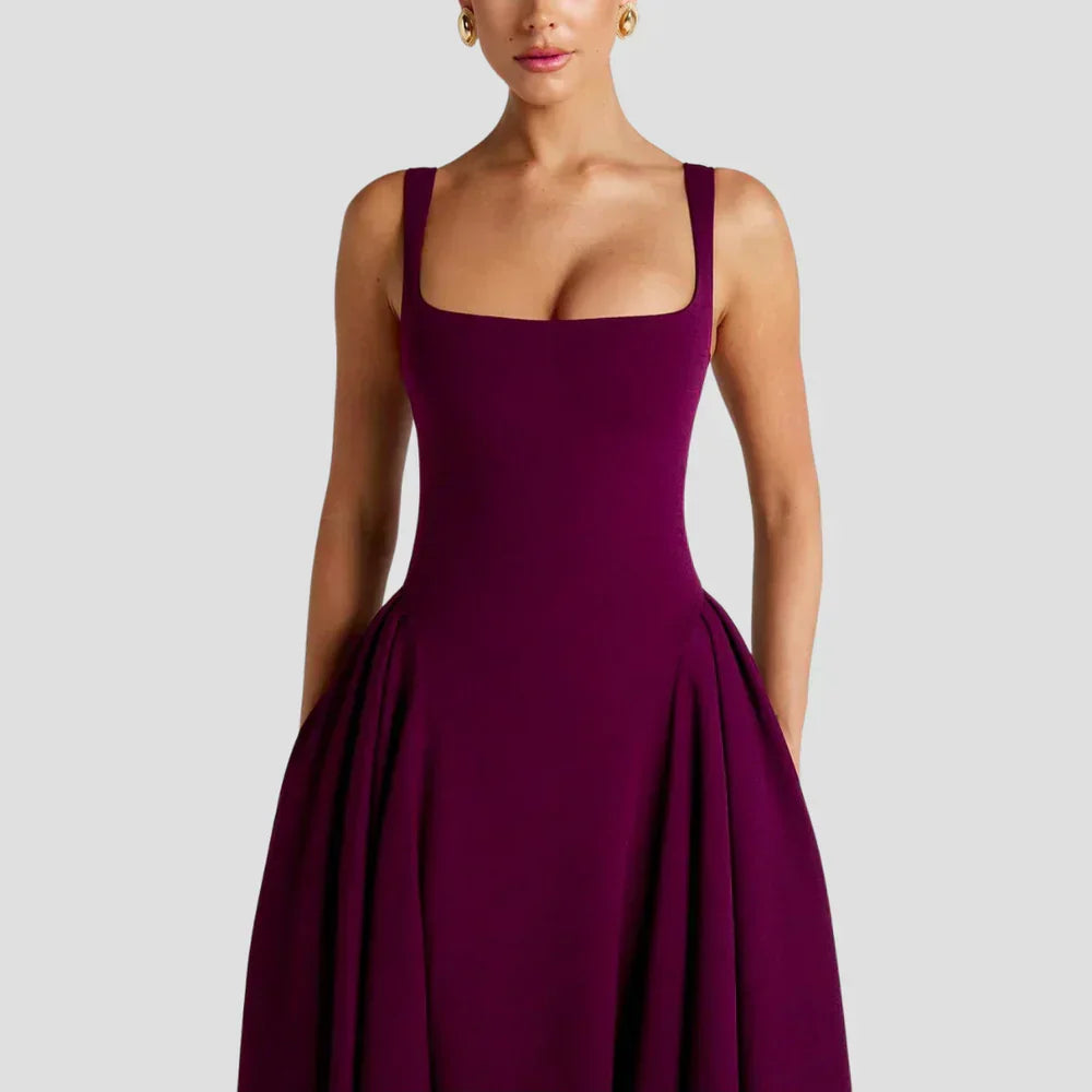 Robe midi femme décolleté carré, taille cintrée, jupe à plis