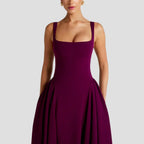 Robe midi femme décolleté carré, taille cintrée, jupe à plis