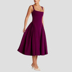Robe midi femme décolleté carré, taille cintrée, jupe à plis