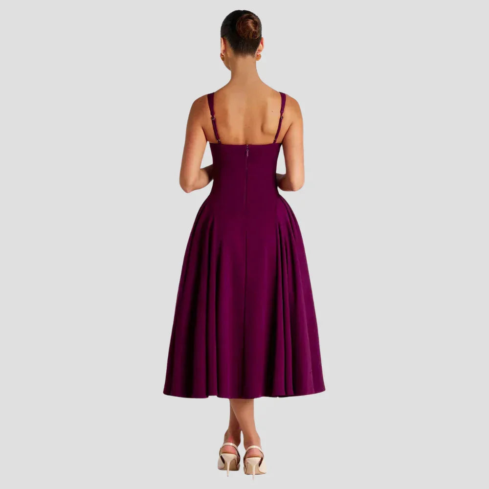 Robe midi femme décolleté carré, taille cintrée, jupe à plis