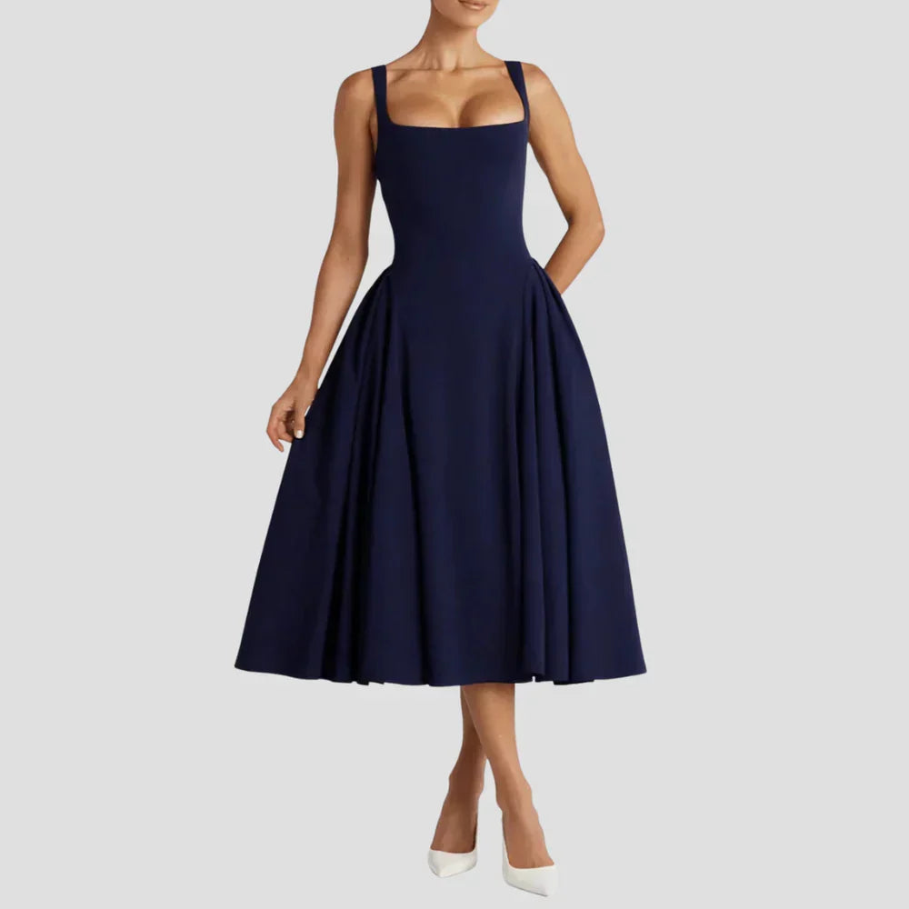 Robe midi femme décolleté carré, taille cintrée, jupe à plis, bleu marine