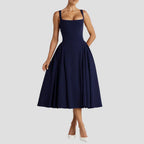Robe midi femme décolleté carré, taille cintrée, jupe à plis, bleu marine