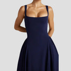 Robe midi femme décolleté carré, taille cintrée, jupe à plis