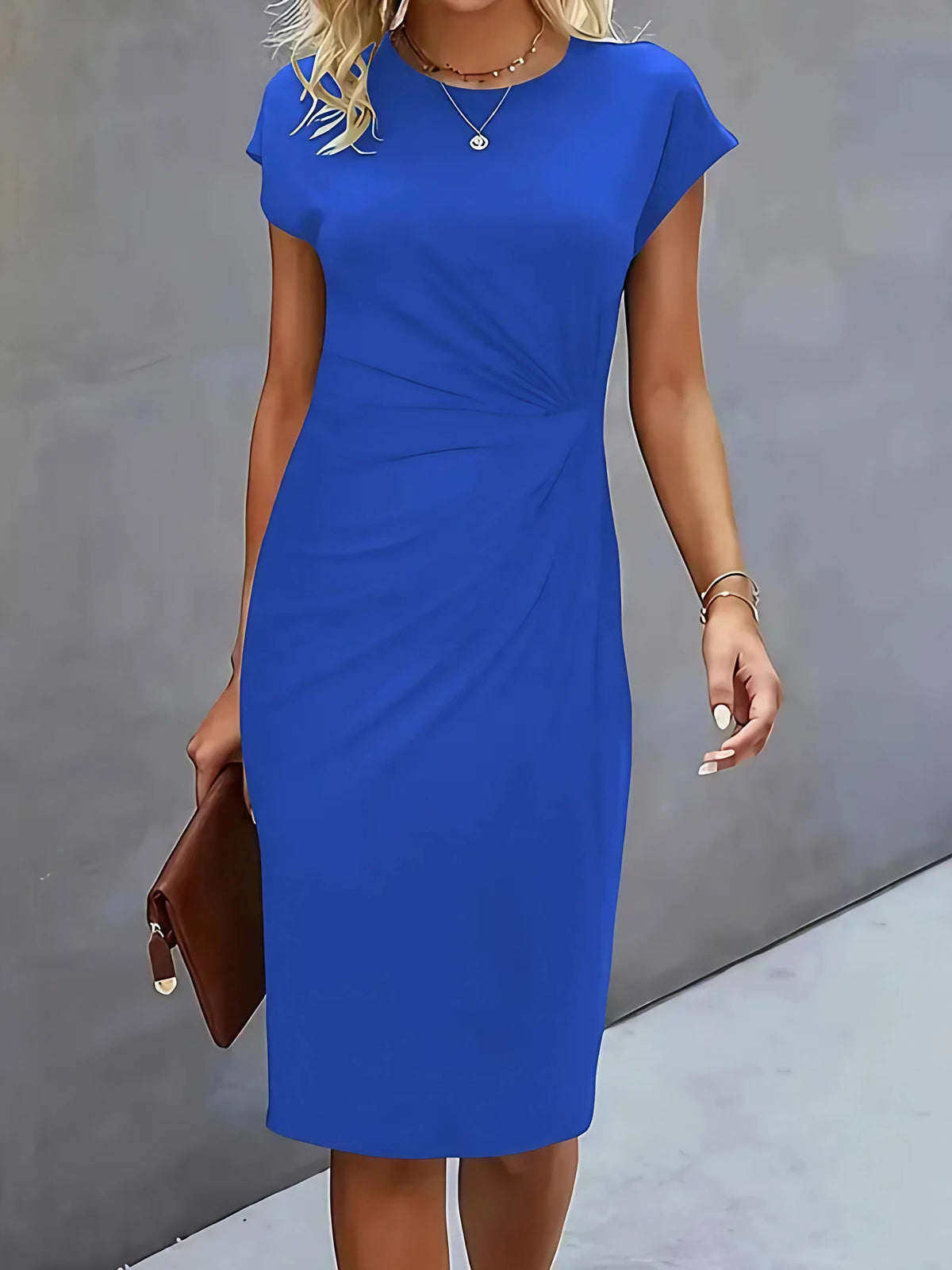 Robe midi cintrée femme à col rond, huit coloris, bleu
