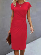 Robe midi cintrée femme à col rond, huit coloris, rouge
