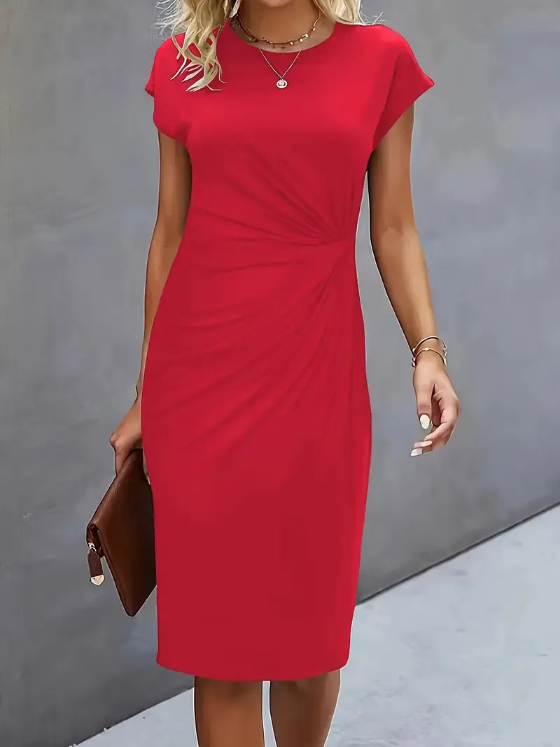 Robe midi cintrée femme à col rond, huit coloris, rouge