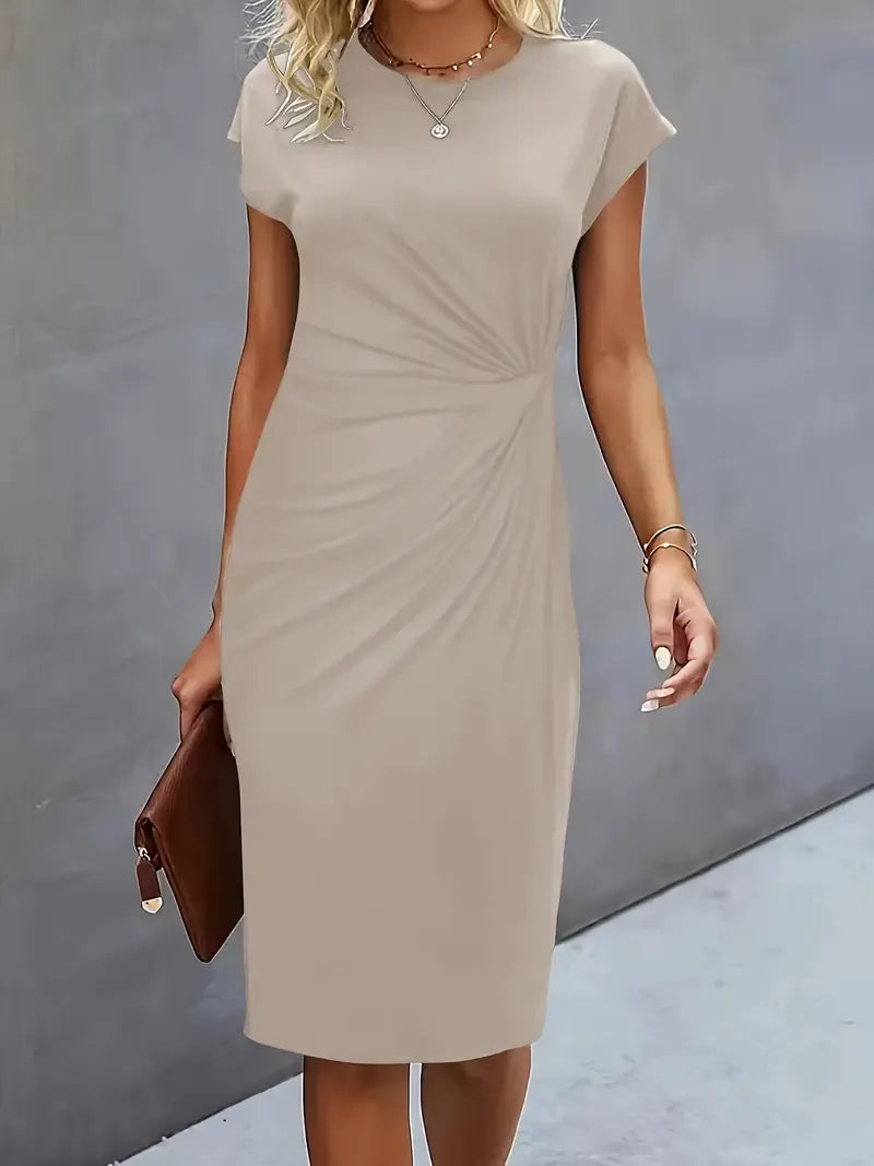 Robe midi cintrée femme à col rond, huit coloris, kaki