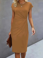 Robe midi cintrée femme à col rond, huit coloris, beige