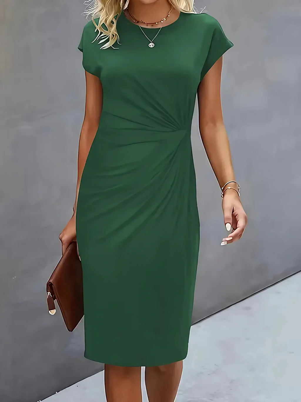 Robe midi cintrée femme à col rond, huit coloris, vert foncé