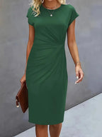 Robe midi cintrée femme à col rond, huit coloris, vert foncé