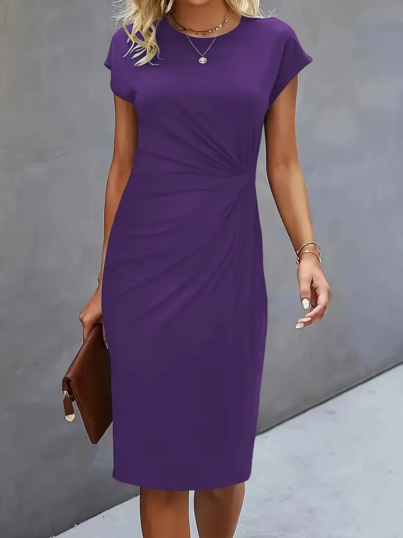 Robe midi cintrée femme à col rond, huit coloris, violet