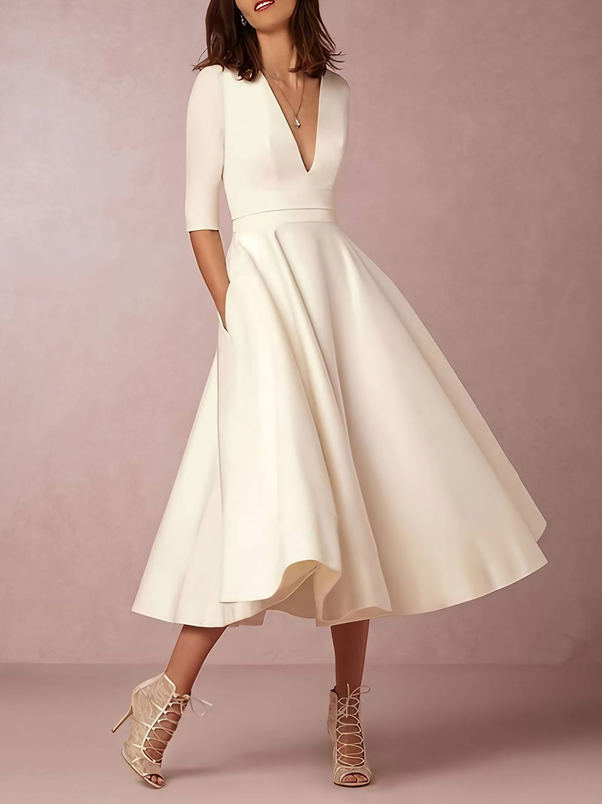 Robe midi blanche femme à col V, du S au 3XL