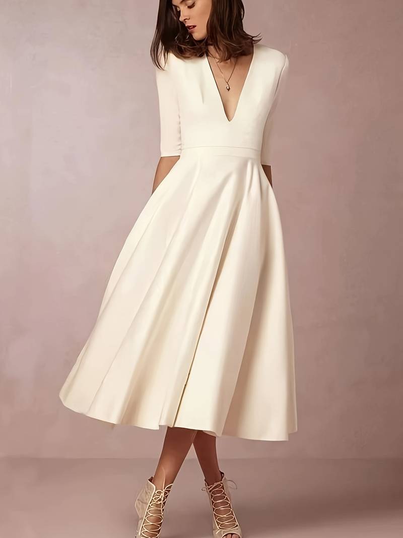 Robe midi blanche femme à col V, du S au 3XL