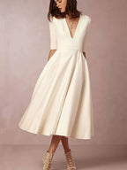 Robe midi blanche femme à col V, du S au 3XL
