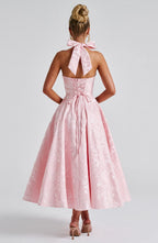 Robe midi dos nu à col licou, corsage effet corset, jupe évasée