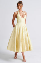 Robe midi dos nu à col licou, corsage effet corset, jupe évasée