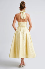Robe midi dos nu à col licou, corsage effet corset, jupe évasée