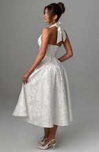 Robe midi dos nu à col licou, corsage effet corset, jupe évasée