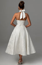 Robe midi dos nu à col licou, corsage effet corset, jupe évasée