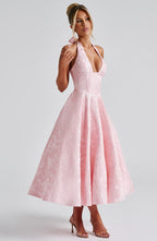 Robe midi dos nu à col licou, corsage effet corset, jupe évasée