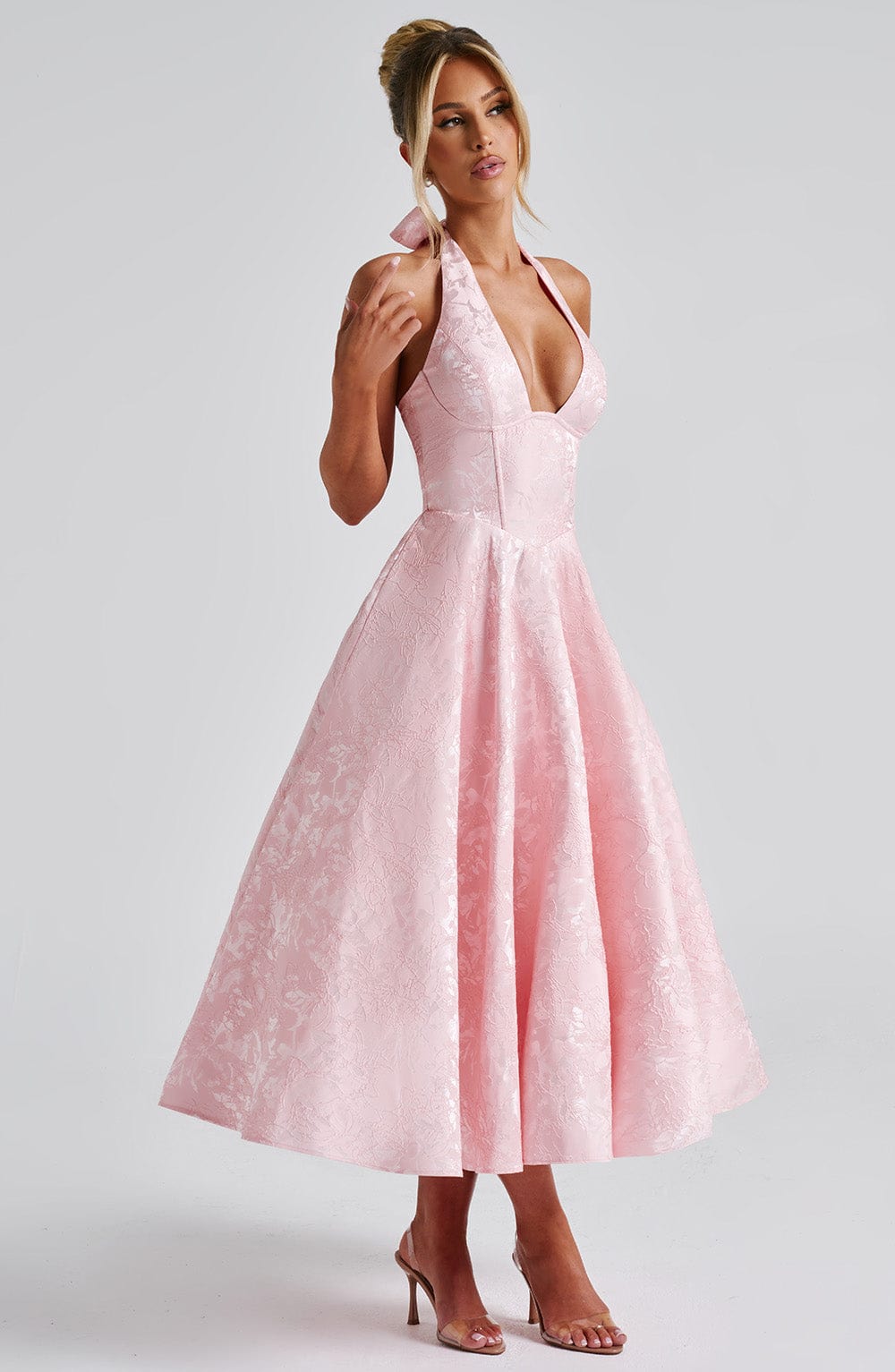 Robe midi dos nu à col licou, corsage effet corset, jupe évasée