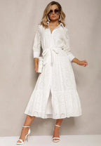 Robe midi blanche femme, taille ceinturée, boutonnée devant