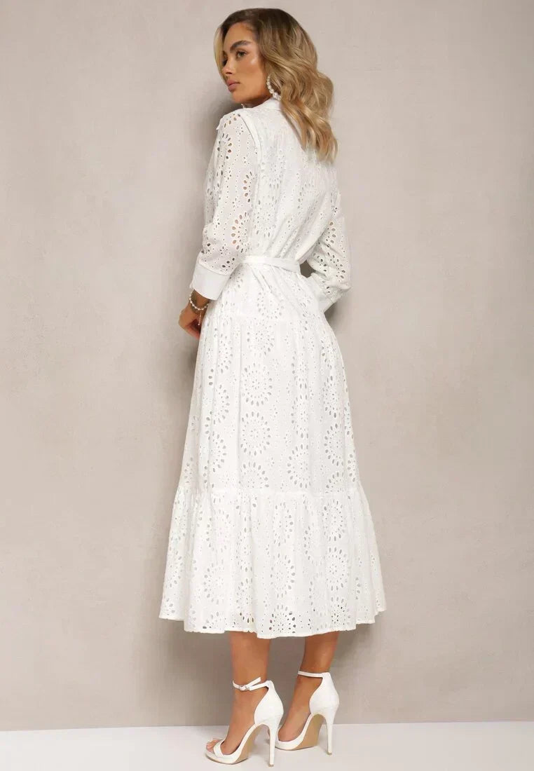 Robe midi blanche femme, taille ceinturée, boutonnée devant