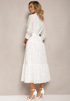Robe midi blanche femme, taille ceinturée, boutonnée devant