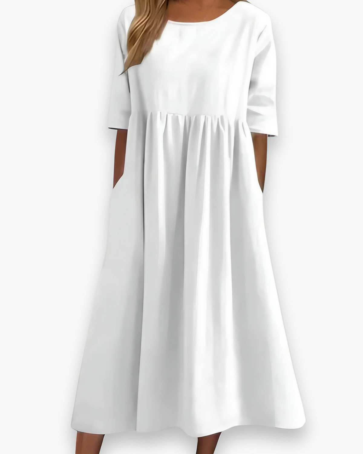 Robe midi femme à poches, taille marquée, sept coloris, blanc