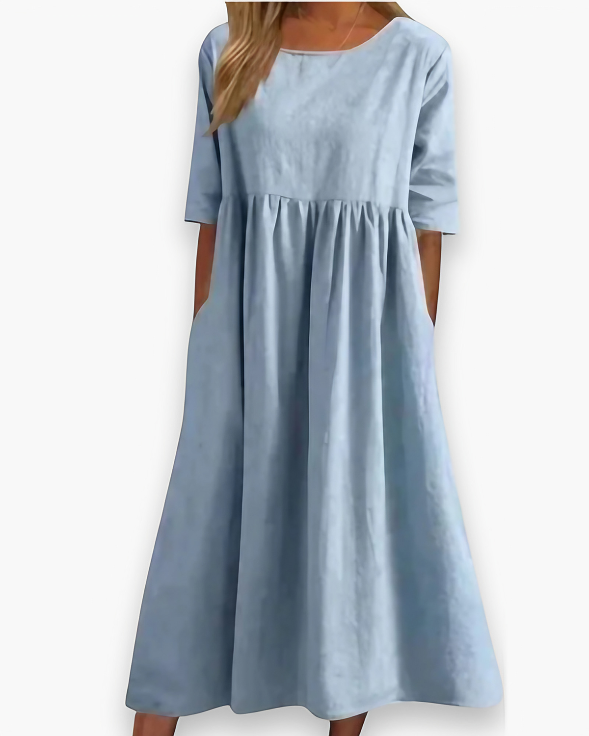 Robe midi femme à poches, taille marquée, sept coloris, bleu clair