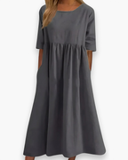 Robe midi femme à poches, taille marquée, sept coloris, gris