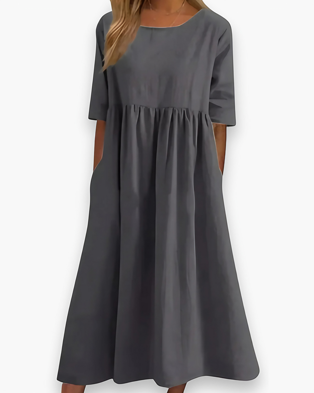 Robe midi femme à poches, taille marquée, sept coloris, gris