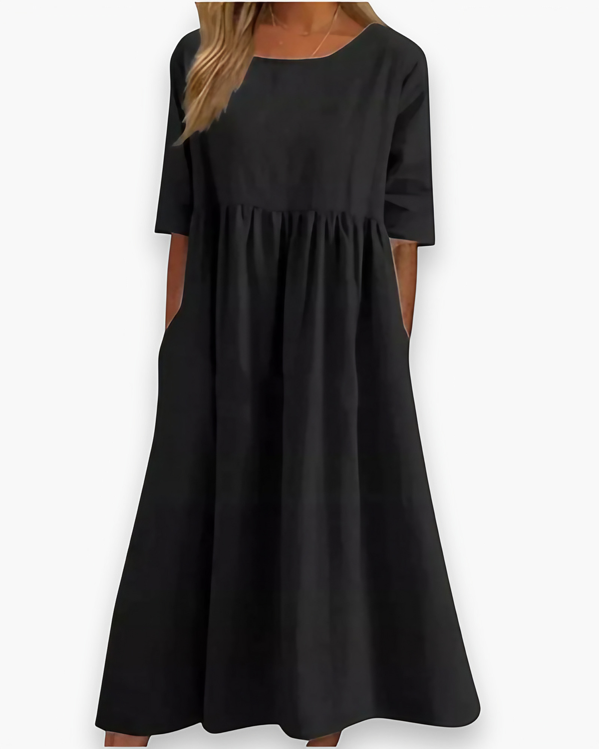 Robe midi femme à poches, taille marquée, sept coloris, noir