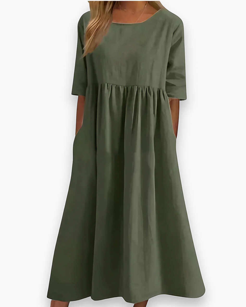 Robe midi femme à poches, taille marquée, sept coloris, vert foncé