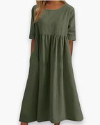 Robe midi femme à poches, taille marquée, sept coloris, vert foncé