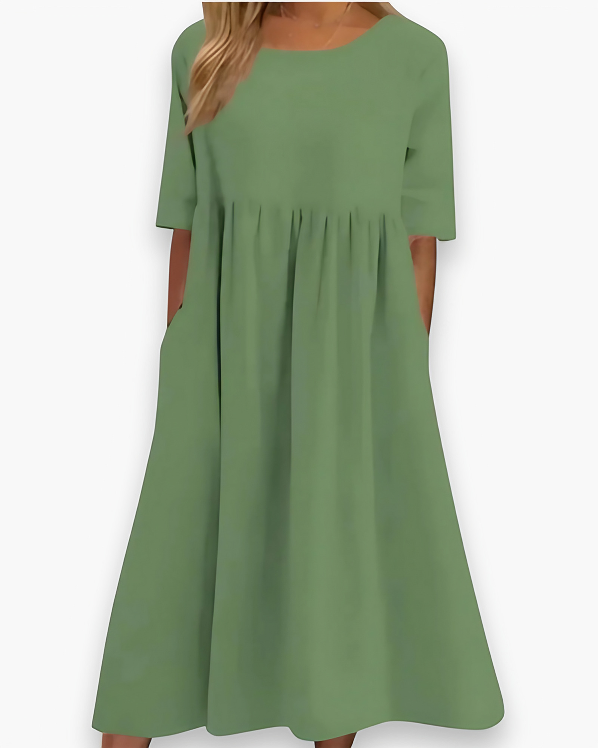 Robe midi femme à poches, taille marquée, sept coloris, vert clair