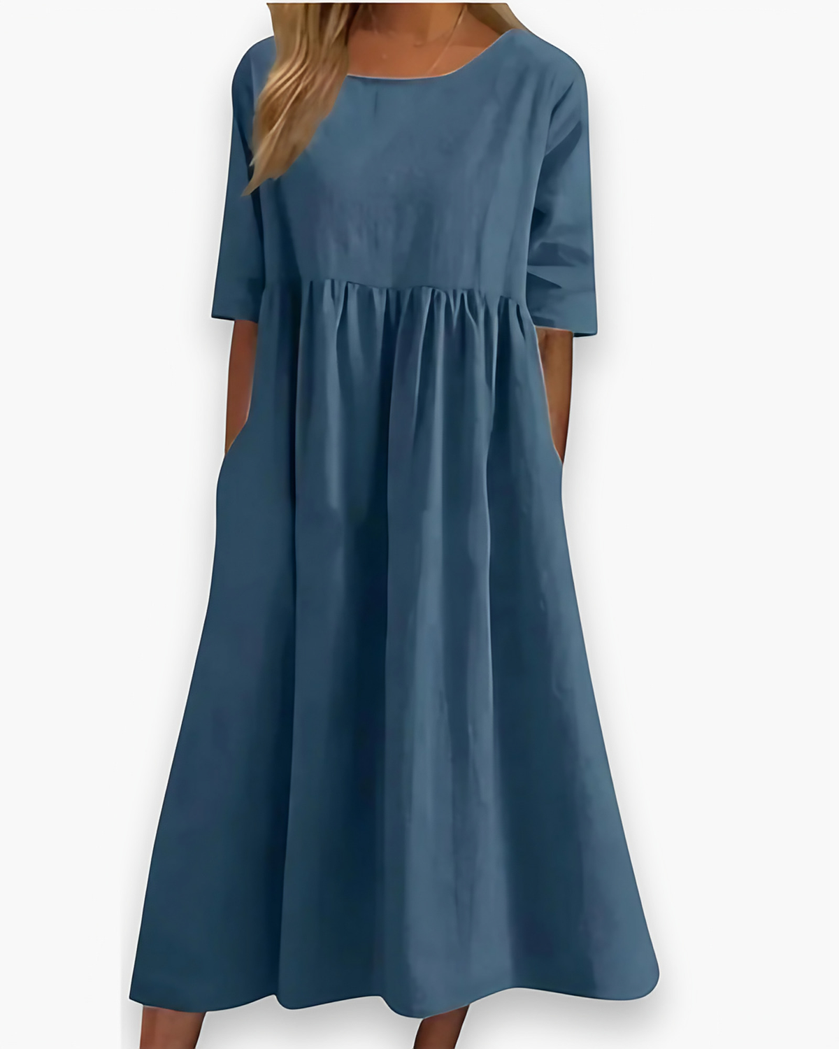 Robe midi femme à poches, taille marquée, sept coloris, bleu