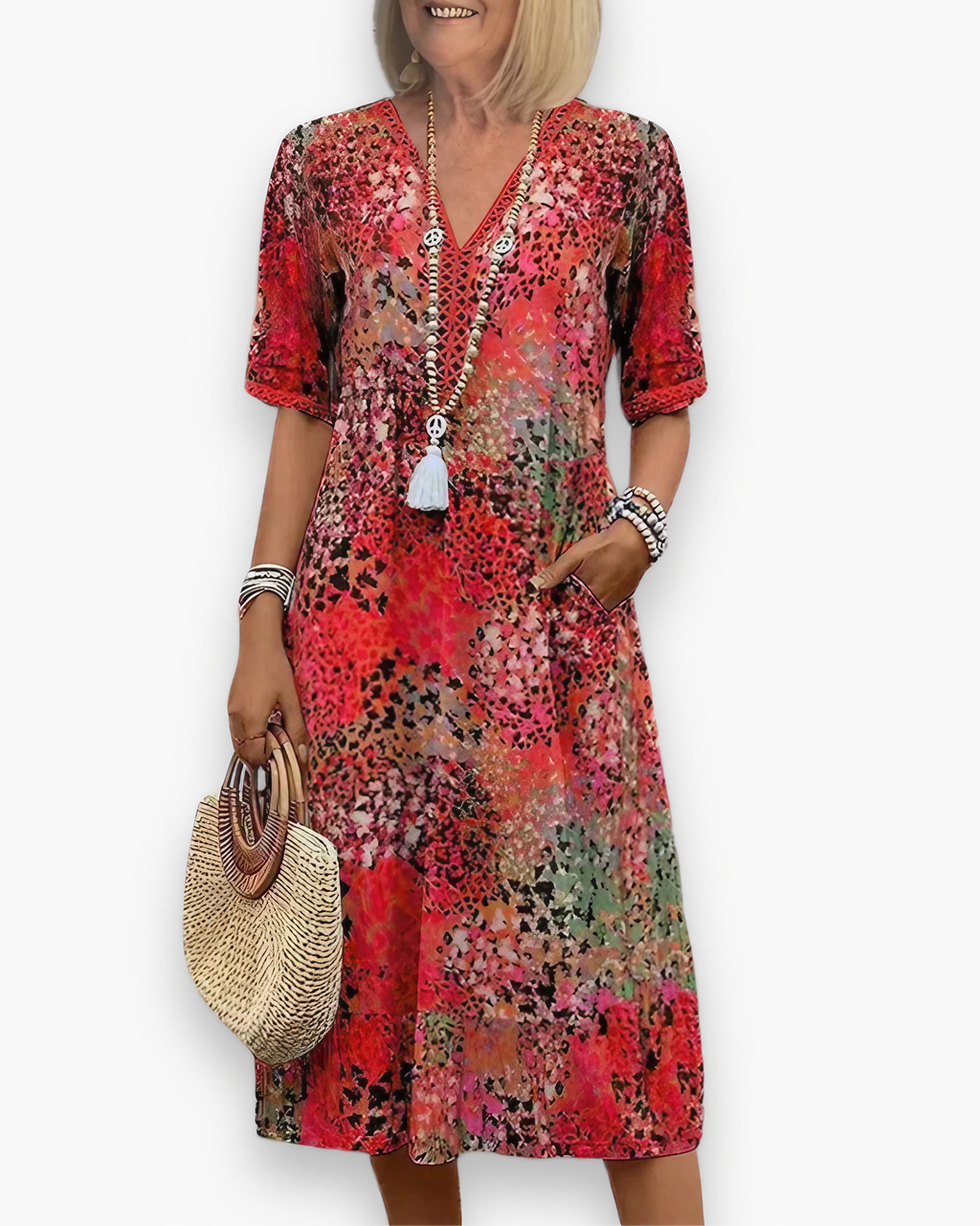 Robe midi imprimée femme à poches, cinq coloris, du S au 3XL, écarlate