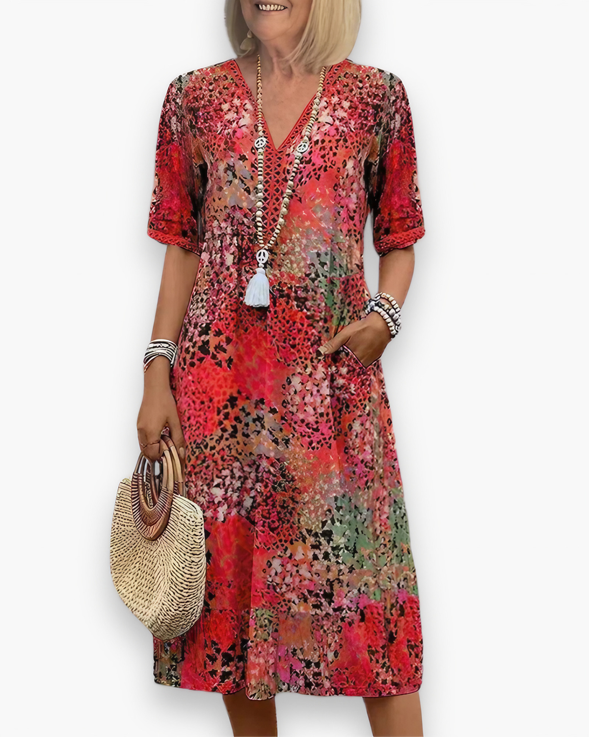Robe midi imprimée femme à poches, cinq coloris, du S au 3XL, écarlate