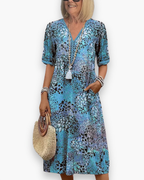 Robe midi imprimée femme à poches, cinq coloris, du S au 3XL, bleu océan