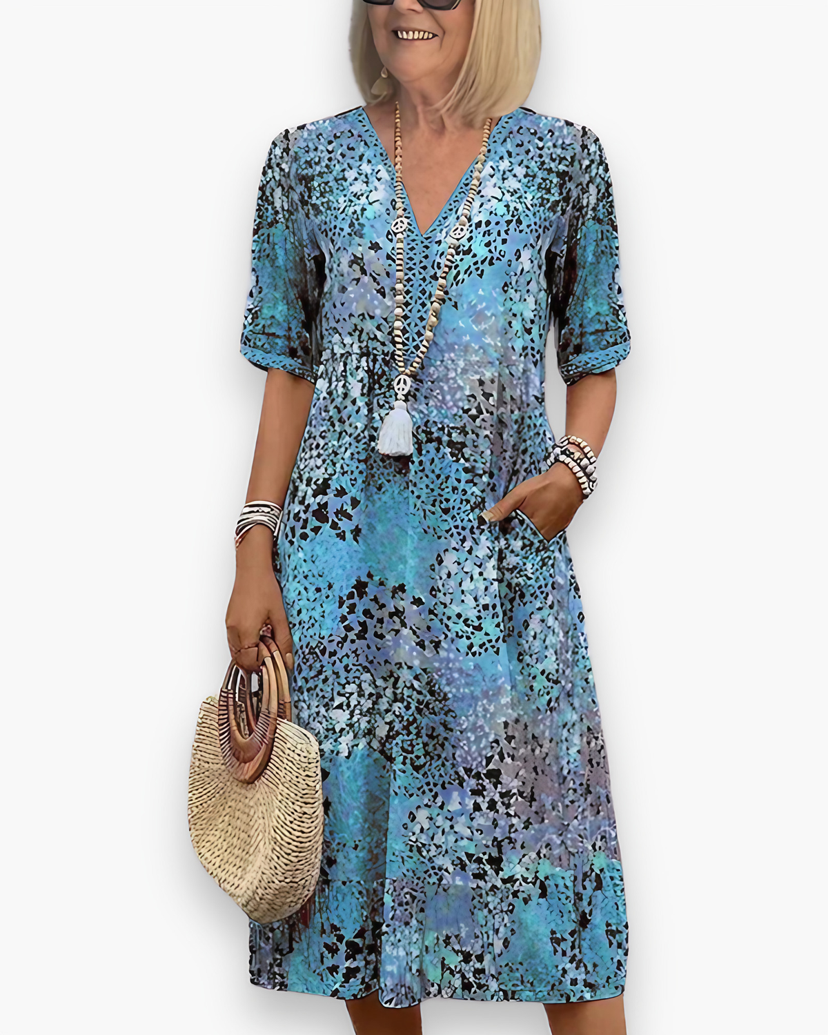 Robe midi imprimée femme à poches, cinq coloris, du S au 3XL, bleu océan