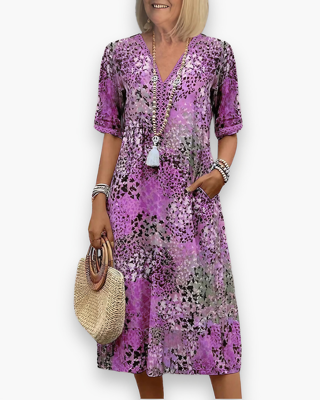 Robe midi imprimée femme à poches, cinq coloris, du S au 3XL, lavande