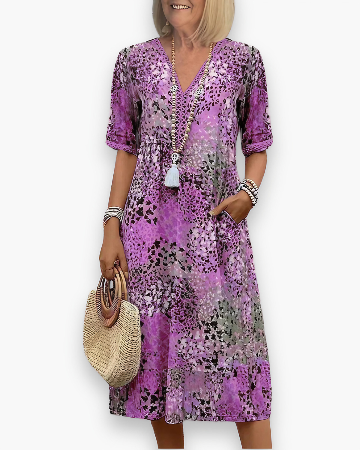 Robe midi imprimée femme à poches, cinq coloris, du S au 3XL, lavande