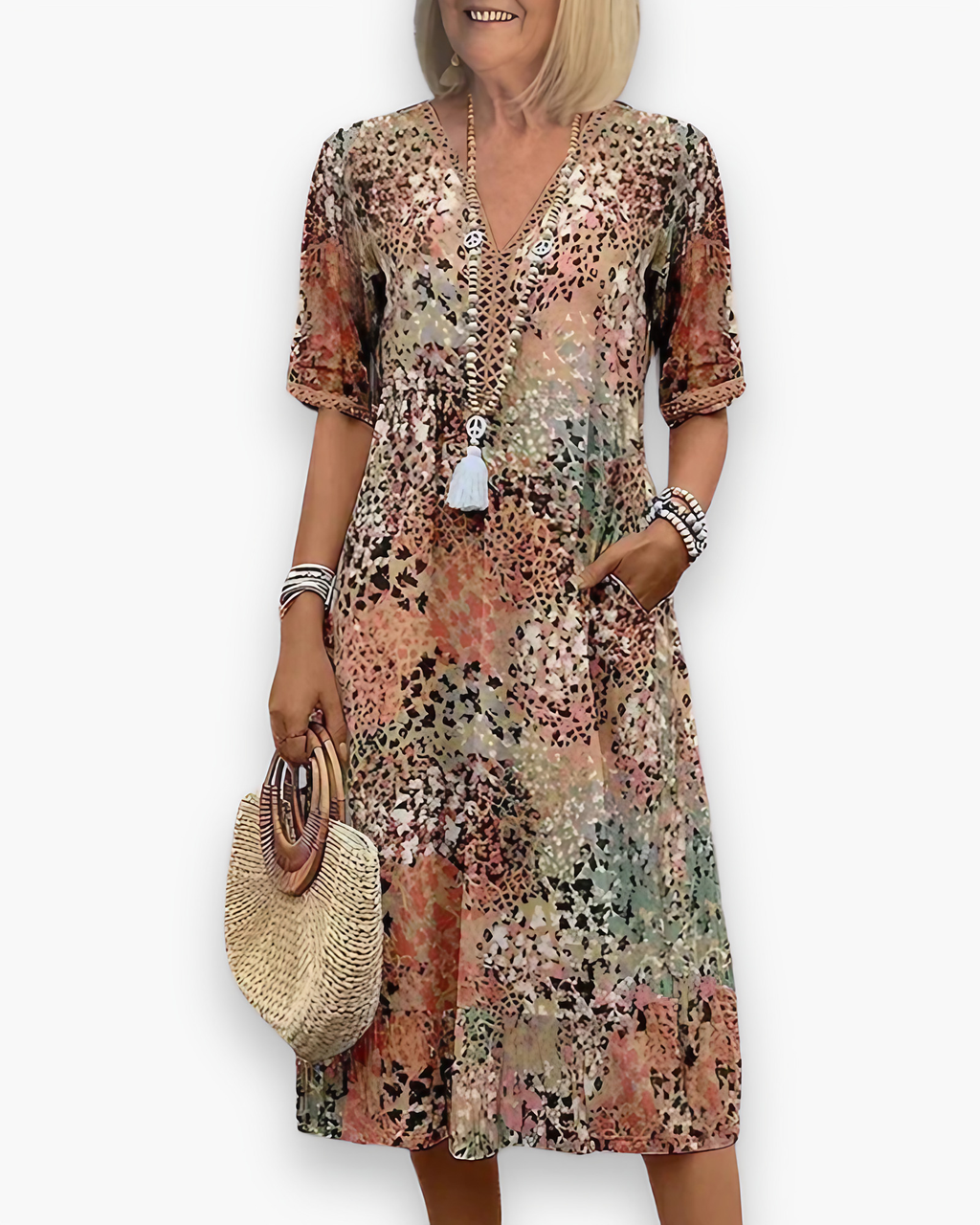 Robe midi imprimée femme à poches, cinq coloris, du S au 3XL, beige sable
