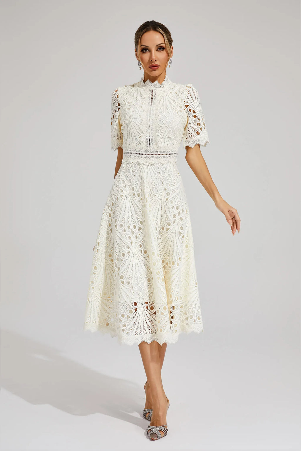 Robe midi en dentelle femme, rose ou blanche, du S au 4XL