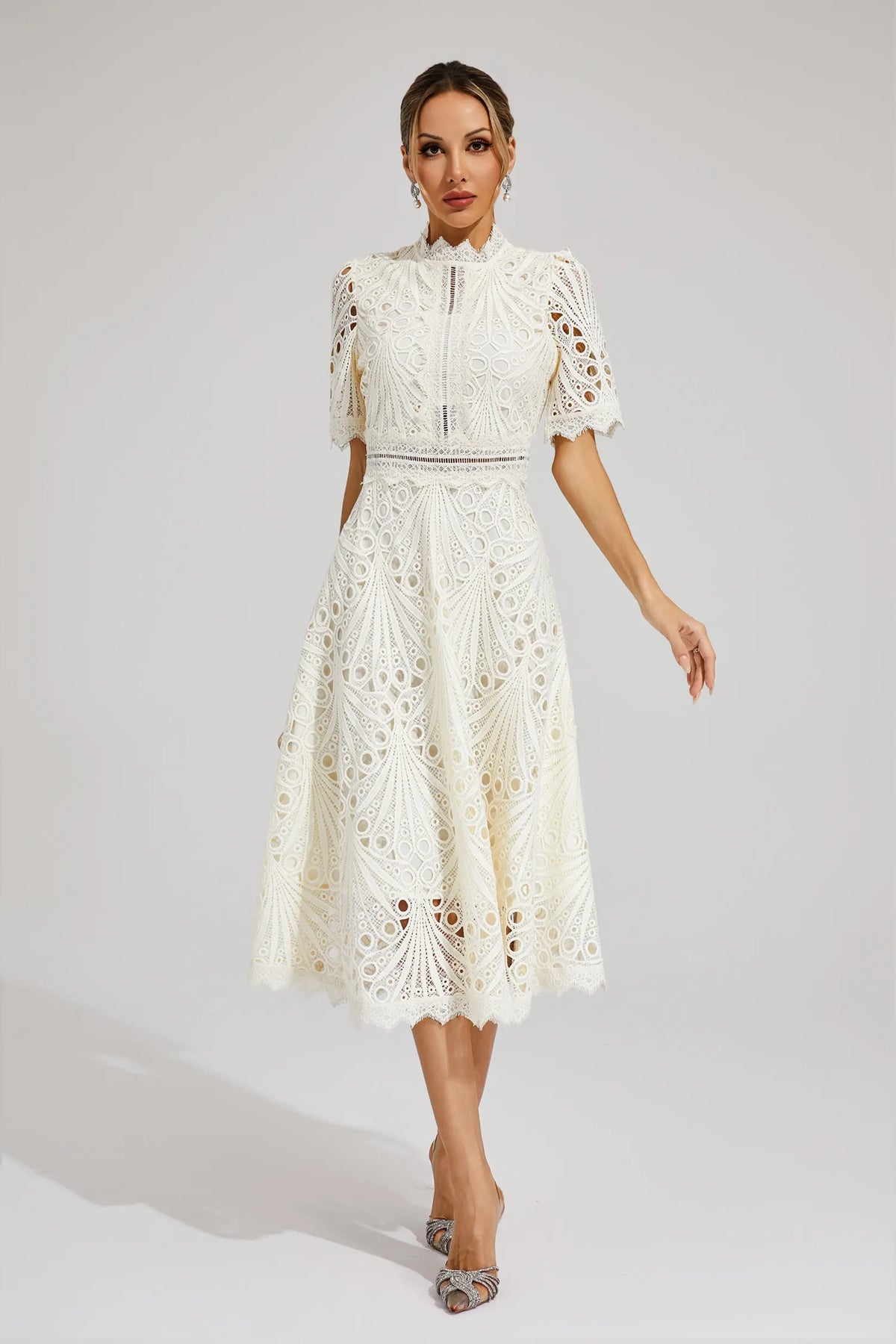 Robe midi en dentelle femme, rose ou blanche, du S au 4XL