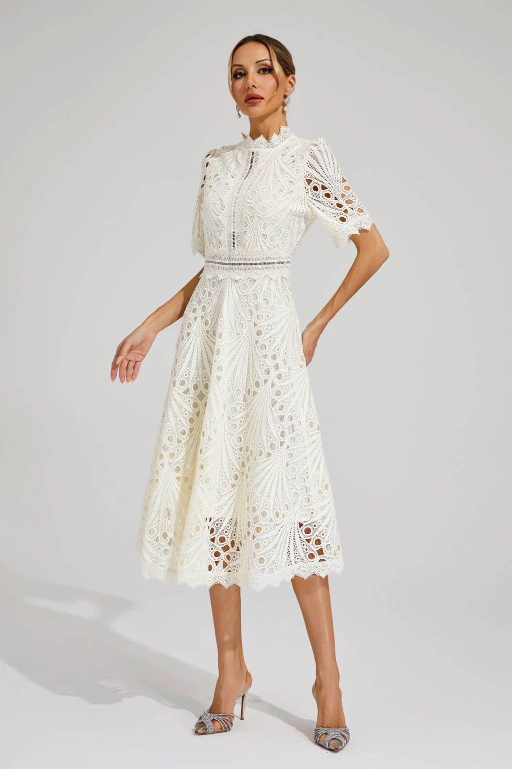 Robe midi en dentelle femme, rose ou blanche, du S au 4XL