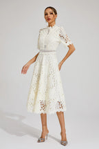 Robe midi en dentelle femme, rose ou blanche, du S au 4XL