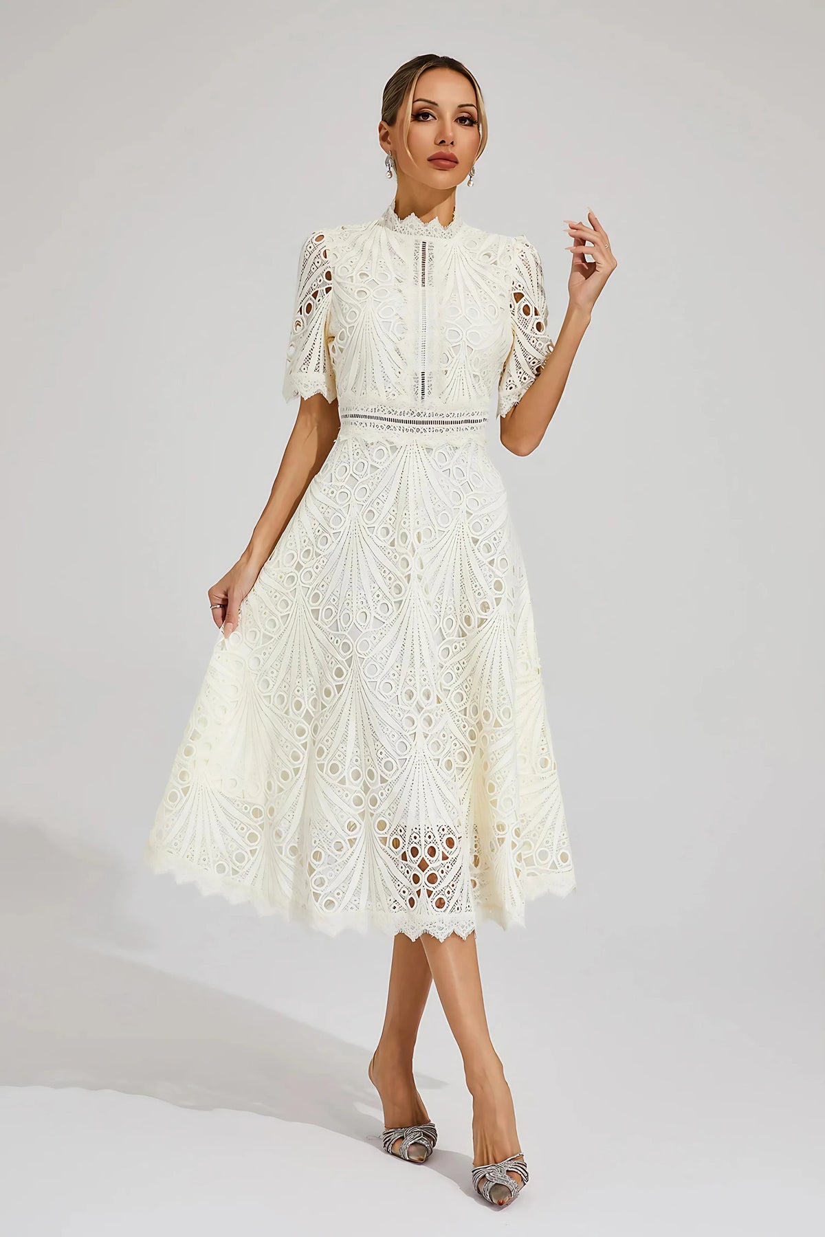 Robe midi en dentelle femme, rose ou blanche, du S au 4XL, blanc
